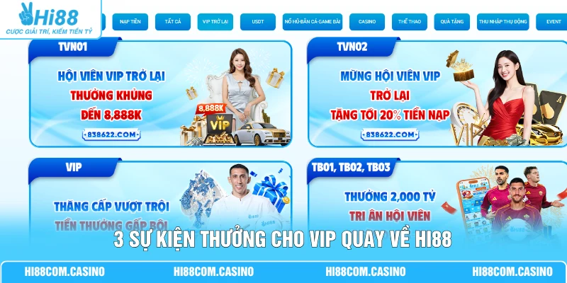 3 sự kiện thưởng cho VIP quay về Hi88