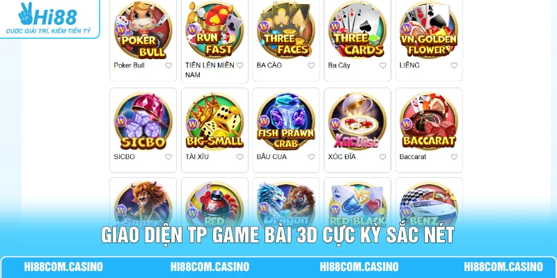 Giao diện TP game bài 3D cực kỳ sắc nét