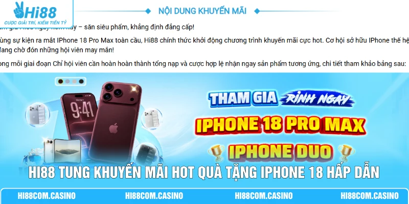 Hi88 tung khuyến mãi Hot quà tặng iPhone 18 hấp dẫn